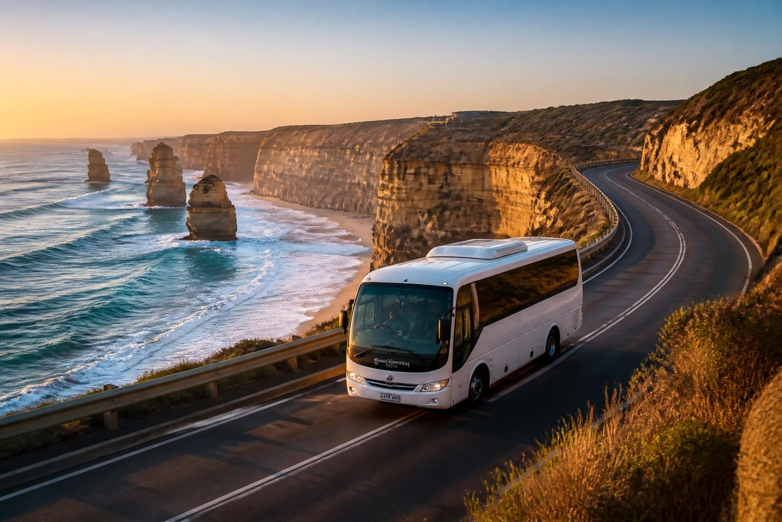 A modern white mini bus on the Great Ocean Road above the Twelve Apostles at golden hour